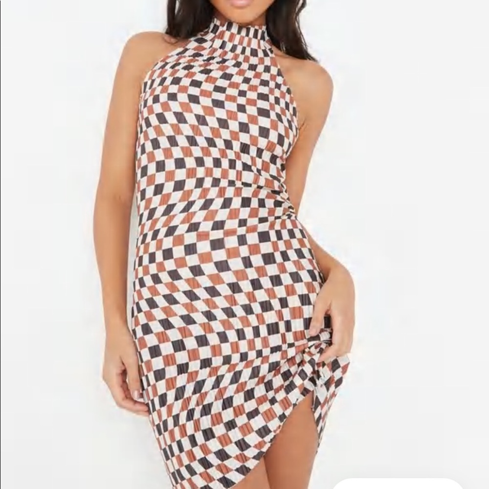 brown checkerboard plisse halterneck mini dress